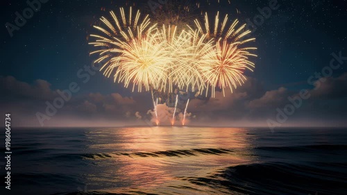 Colorful fireworks display over calm ocean water during night sky celebration with reflections