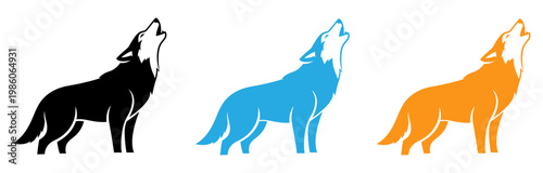 Three stylized howling wolves in different poses and colors isolated on transparent background, Vector