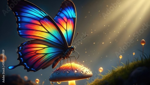 A vibrant butterfly perches on a mushroom in a serene natural setting with sunlight filtering through