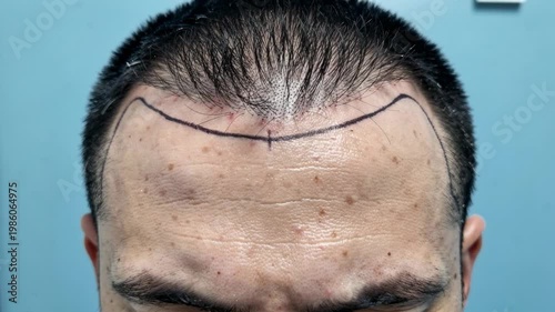 Close up of man with receding hairline marked for hair transplant procedure on blue background