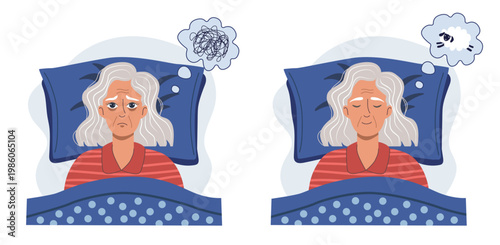 Elderly woman suffering from insomnia and peaceful sleeping. Contrast between anxious fatigue and calm rest counting sheep. Mental health, sleep disorder and relaxation vector illustration.
