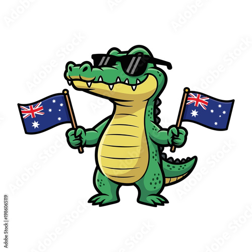 Cartoon crocodile mascot wearing sunglasses and holding Australian flags vector illustration for Australia Day celebration