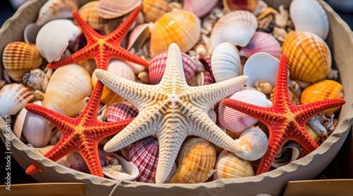 A collection of colorful seashells and starfish displayed for sale on a wooden tray at a market.
