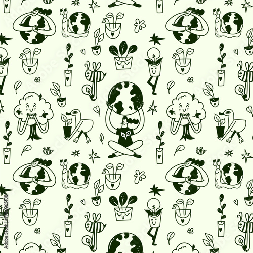 Ecology and sustainability naive seamless pattern bold line vector isolated cute illustrations in modern whimsical style for sticker print and branding