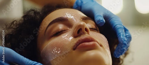A female patient receives treatment at a beauty clinic. Actual procedure being done, with some mild redness in the skin.