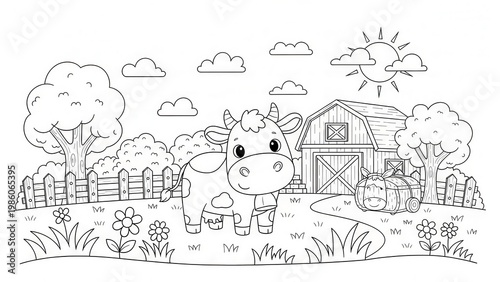 Cute Cow on a Farm Coloring Page for Kids with Barn and Rural Landscape