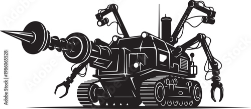 Industrial robot, mechanical machine, robotic arm, black vector illustration