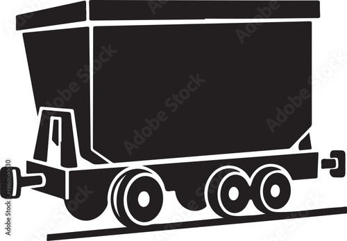 Industrial mining cart, coal train wagon, black vector icon, transportation symbol