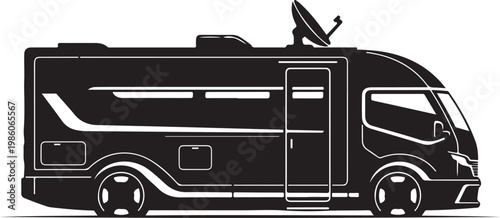 Motorhome, RV, camper van, recreational vehicle, travel trailer, black icon, vector illustration