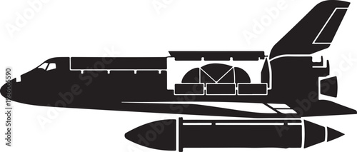 Black and white airplane silhouette, military jet illustration, aircraft icon, vector graphics