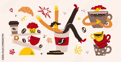 Whimsical hand-drawn vector doodle set featuring coffee lovers and bakery concepts. Creative naive art illustrations of caffeine energy, breakfast treats, and relaxation in a modern style.