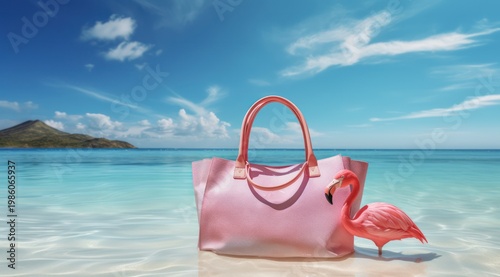 Beach bag with accessories and cute inflatable flamingo on a tropical beach, summer vacations and travel concept.