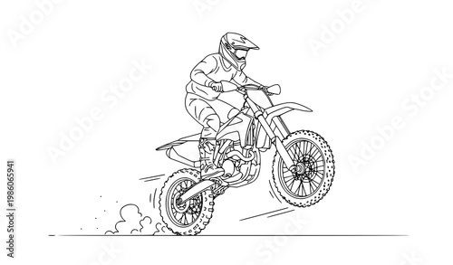 Motocross rider jumping on off road motorcycle line art vector illustration with dynamic motion design