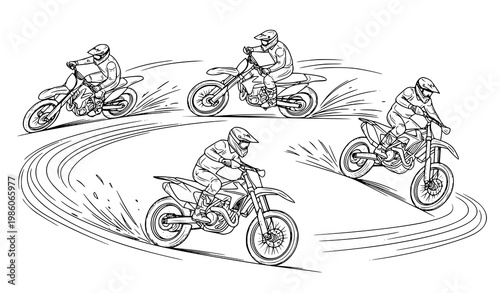Motocross racing riders on dirt track line art vector illustration with action poses and speed concept