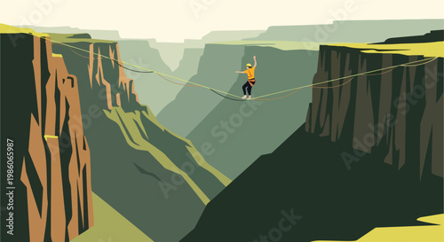 A person in a yellow shirt walks on a tightrope stretched across a deep canyon