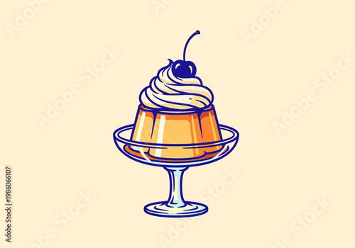 Minimalist Vector Illustration of Caramel Custard Pudding with Whipped Cream and Cherry in a Glass Dish
