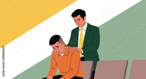 A man in a suit comforts a sad person sitting on a chair with a hand on shoulder