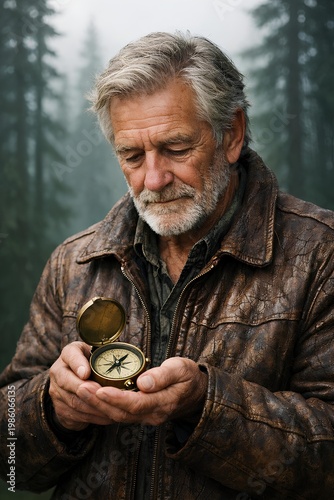 portrait of a rugged elderly man wearing a weathered leather jacket with cracked texture