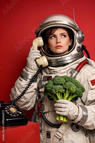 portrait of a vintage astronaut in a bulky suit holding a bouquet of broccoli