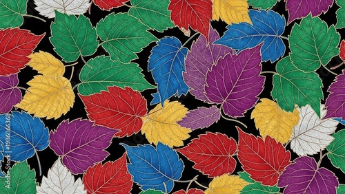 A colorful illustration of various leaves on a black background