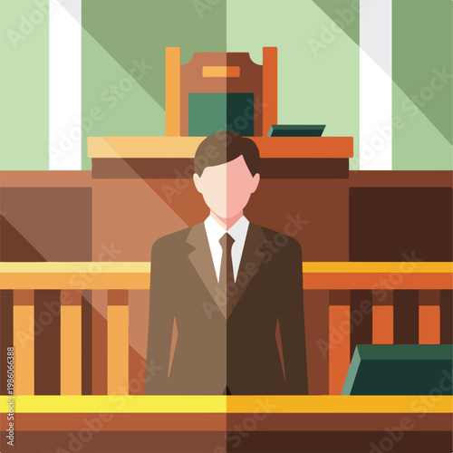 A flat vector illustration of a formal lawyer standing in a wooden courtroom