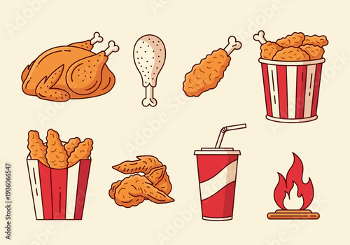 Fried Chicken Illustration Set with Bucket, Wings, Drumsticks, Nuggets and Soda Cup. Professional Vector Fast Food Icons for Restaurant Menu and Takeout Design.