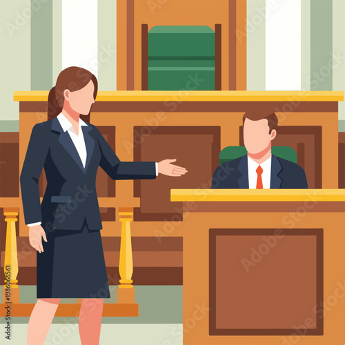 A female lawyer gestures while presenting a case before a judge in a courtroom