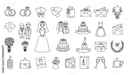 Hand drawn wedding element vector set with rings bride groom cake and love symbols isolated on white background