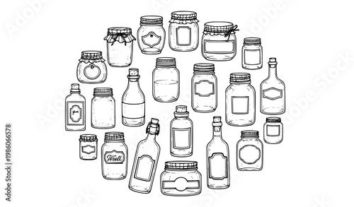 Vintage mason jar and bottle ink drawing collection in circular layout glass canning containers vector isolated on white background