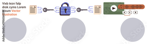Cybersecurity, encryption, data sharing, online privacy, media protection, secure connection. Central padlock linked to files and a video player. Cybersecurity and encryption illustration concept