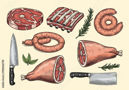 Vintage Hand Drawn Meat Illustration Set with Steak, Ribs, Sausages, Ham, Butcher Knives and Herbs. Retro Butchery Engraving Clipart for BBQ and Gourmet Food Menu.