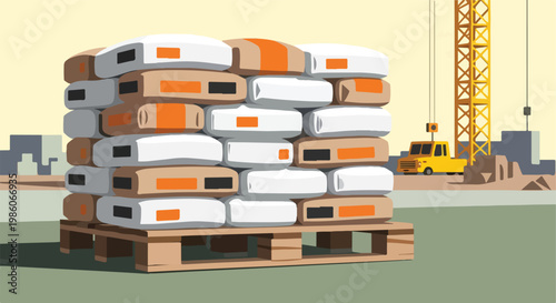 A stack of construction material bags sitting on a pallet at a building site