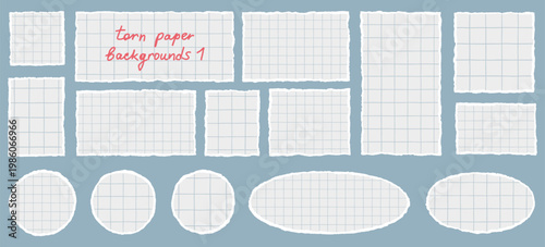 Torn grid checkered squared paper pieces backgrounds set. Rectangle square oval round circle shape text boxes frames, uneven rough jagged edge. Collage sticker note reminder banner templates