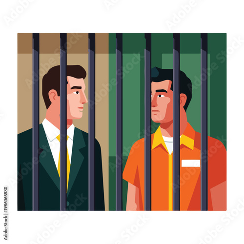 A businessman in a suit faces a prisoner in an orange jumpsuit behind jail bars