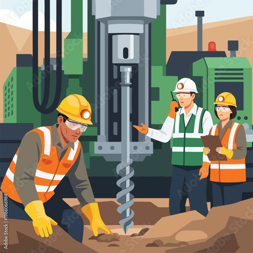 Construction workers operate a large drilling rig at a site in safety equipment