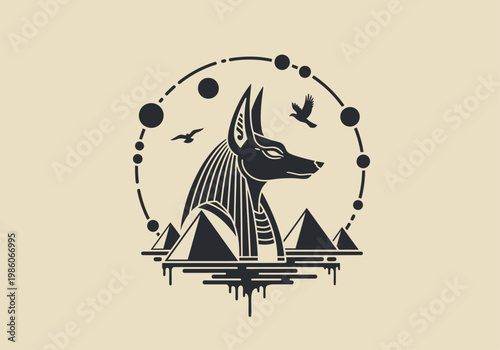 Minimalist Anubis Vector Illustration with Ancient Egyptian Pyramids and Celestial Symbols