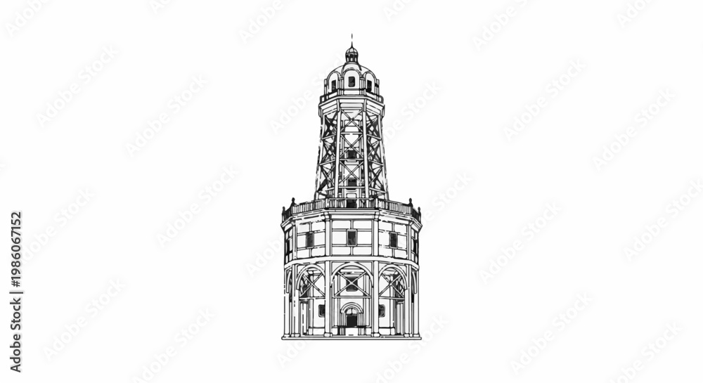Obraz premium Ornate, detailed architectural drawing of a multi-tiered tower with a dome
