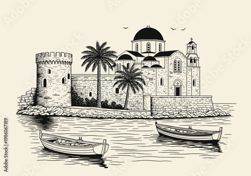 Mediterranean Coastal Landscape Sketch with Orthodox Church, Medieval Tower, and Fishing Boats in Hand-Drawn Engraving Style