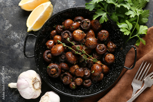 Frying pan with tasty fried...