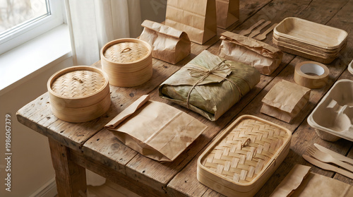 Rustic food presentation assorted takeaway containers on a wooden surface