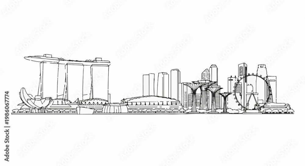 Naklejka premium Stylized line drawing of a modern cityscape with iconic architecture and supertrees
