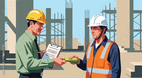 An inspector in a yellow hard hat accepts a bribe from a construction worker