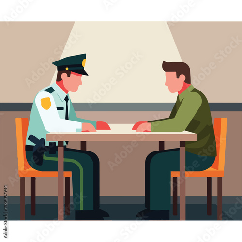 A police officer sits across from a civilian at a table for an interrogation