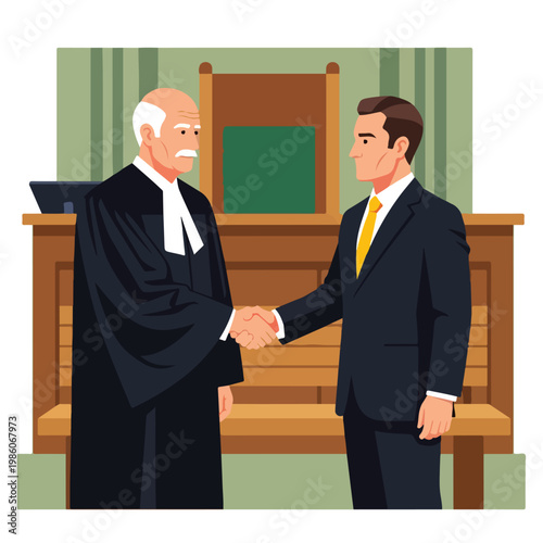 A judge in black robes shaking hands with a lawyer in a suit inside a courtroom