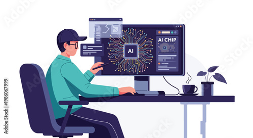 A person working on an advanced AI chip design on a computer workstation at desk