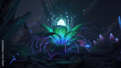 A vibrant, glowing plant with purple and blue lights grows in a dark, mysterious environment.