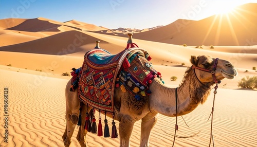 A camel with beautiful colorful saddle jewels.Background of sand dunes in the sun. the beauty of life in the desert.