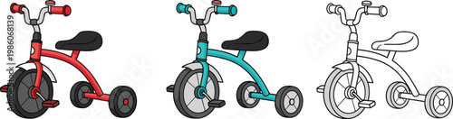 kids tricycle, children bicycle, toddler bike, trike, colorful, illustration, transport, toy, ride, vehicle, isolated, vector, design, playful, nursery, minimal