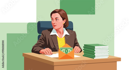 A businesswoman sits at her desk looking sideways beside an envelope with cash