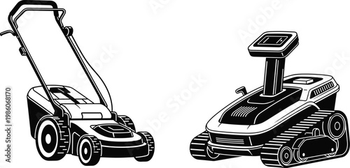 lawn mower, robotic mower, garden equipment, silhouette, black, landscaping, grass cutting, machine, yard, tool, isolated, vector, illustration, modern, technology, maintenance, outdoor, minimal